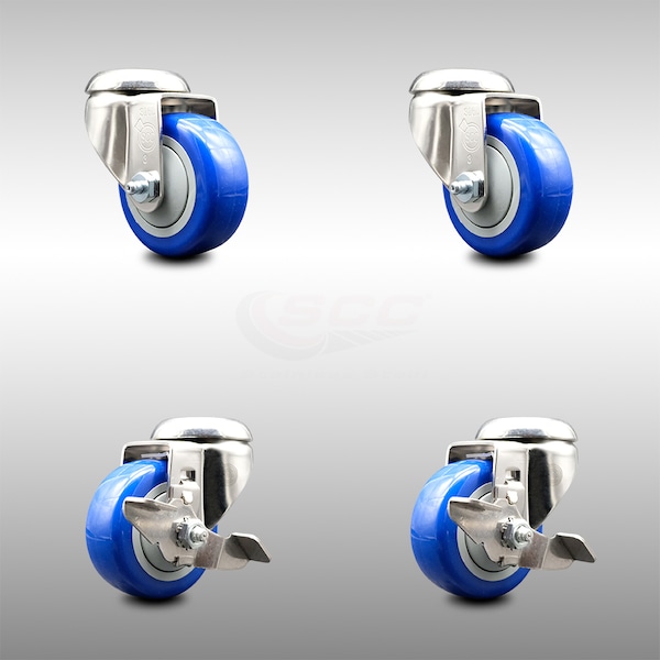 Service Caster 3 Inch 316SS Blue Polyurethane Wheel Swivel Bolt Hole Caster Brakes SCC, 2PK SCC-SS316BH20S314-PPUB-BLUE-2-TLB-2 - main